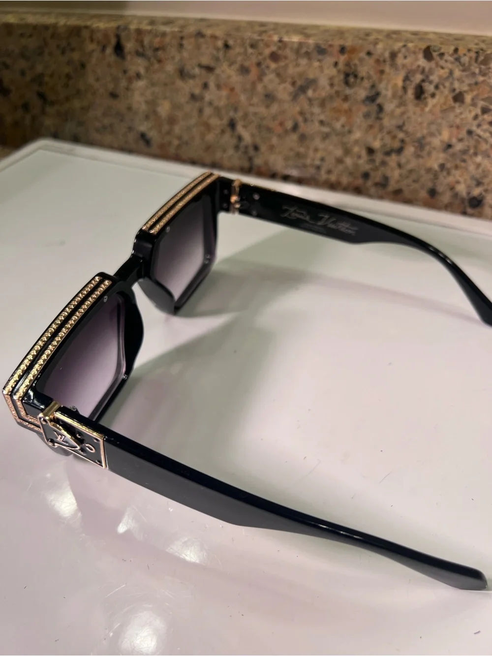 Unisex Louis Vuitton Eyeglasses Black Frame with Gold Accent Chain Detail